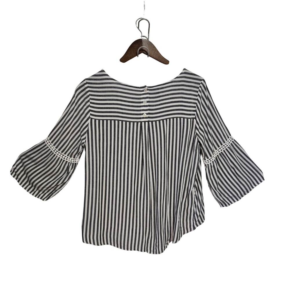 ALYX Women Black White Striped Tie Front Bell Sleeve Crochet Trim Blouse Large - Picture 2 of 6